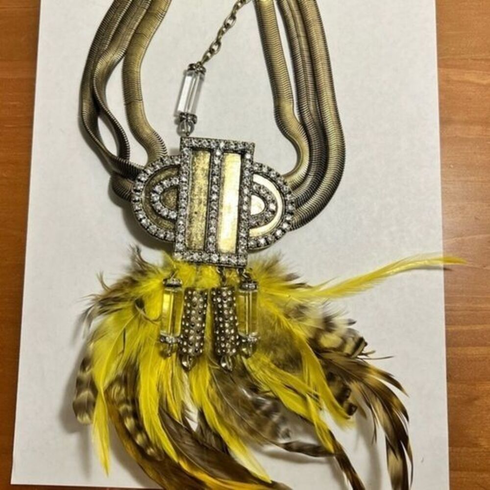 Ann Taylor LOFT encrusted and embellished statement yellow feather necklace